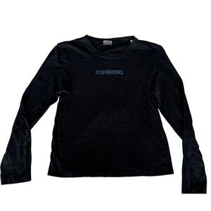 Vintage Iceberg Jeans Mens‎ Med Long Sleeve Logo T-Shirt Black Made in Italy 48